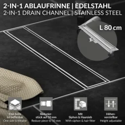Edelstahl Duschrinne befliesbar 80 cm und Siphon Komplettset Silber flach LuxeBath