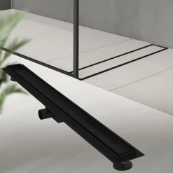 Edelstahl Duschrinne befliesbar 90 cm und Siphon Komplettset Schwarz flach LuxeBath