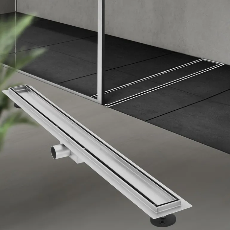 Edelstahl Duschrinne befliesbar 90 cm und Siphon Komplettset Silber flach LuxeBath