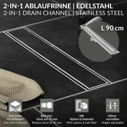 Edelstahl Duschrinne befliesbar 90 cm und Siphon Komplettset Silber flach LuxeBath