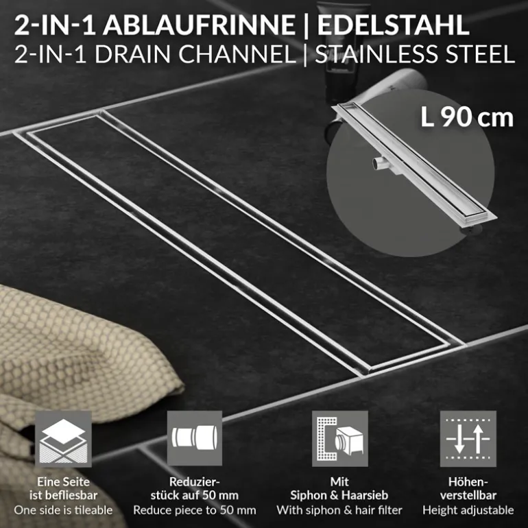 Edelstahl Duschrinne befliesbar 90 cm und Siphon Komplettset Silber flach LuxeBath