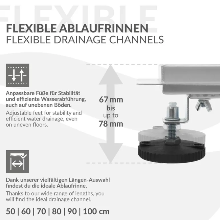 Edelstahl Duschrinne befliesbar 90 cm und Siphon Komplettset Silber flach LuxeBath