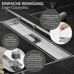 Edelstahl Duschrinne befliesbar 90 cm und Siphon Komplettset Silber flach LuxeBath