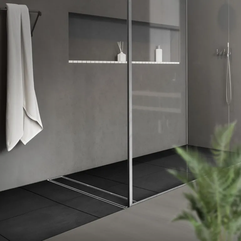 Edelstahl Duschrinne befliesbar 90 cm und Siphon Komplettset Silber flach LuxeBath