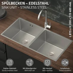 Einbauspüle mit Doppelbecken Silber Küchenspüle mit Ab- und Überlaufgarnitur aus Edelstahl ML-Design