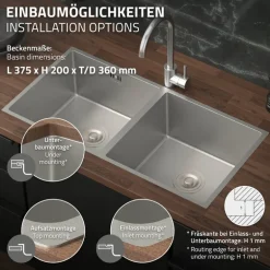 Einbauspüle mit Doppelbecken Silber Küchenspüle mit Ab- und Überlaufgarnitur aus Edelstahl ML-Design