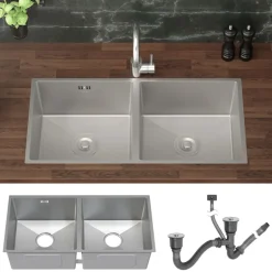 Einbauspüle mit Doppelbecken Silber Küchenspüle mit Ab- und Überlaufgarnitur aus Edelstahl ML-Design