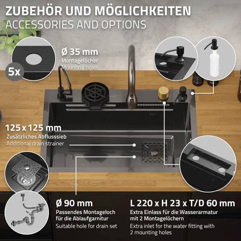 Einbauspüle mit Wasserhahn Komplett Set 8-teilig Anthrazit 68x46 cm aus Edelstahl ML-Design