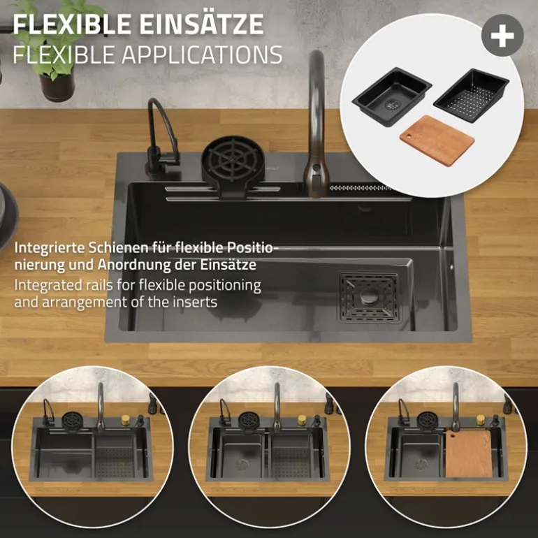 Einbauspüle mit Wasserhahn Komplett Set 8-teilig Anthrazit 68x46 cm aus Edelstahl ML-Design