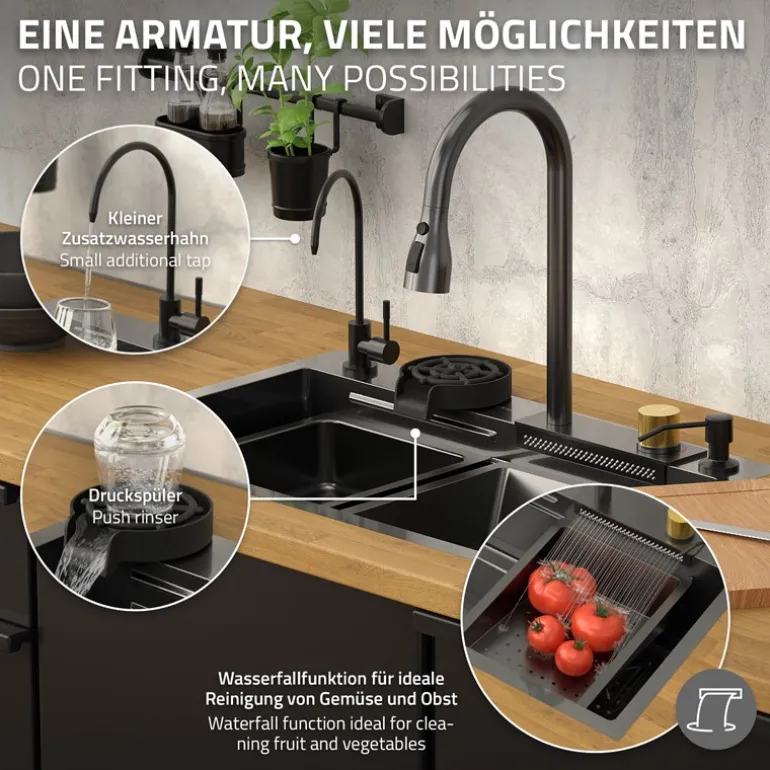Einbauspüle mit Wasserhahn Komplett Set 8-teilig Anthrazit 68x46 cm aus Edelstahl ML-Design