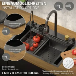 Einbauspüle mit Wasserhahn Komplett Set 8-teilig Anthrazit 68x46 cm aus Edelstahl ML-Design