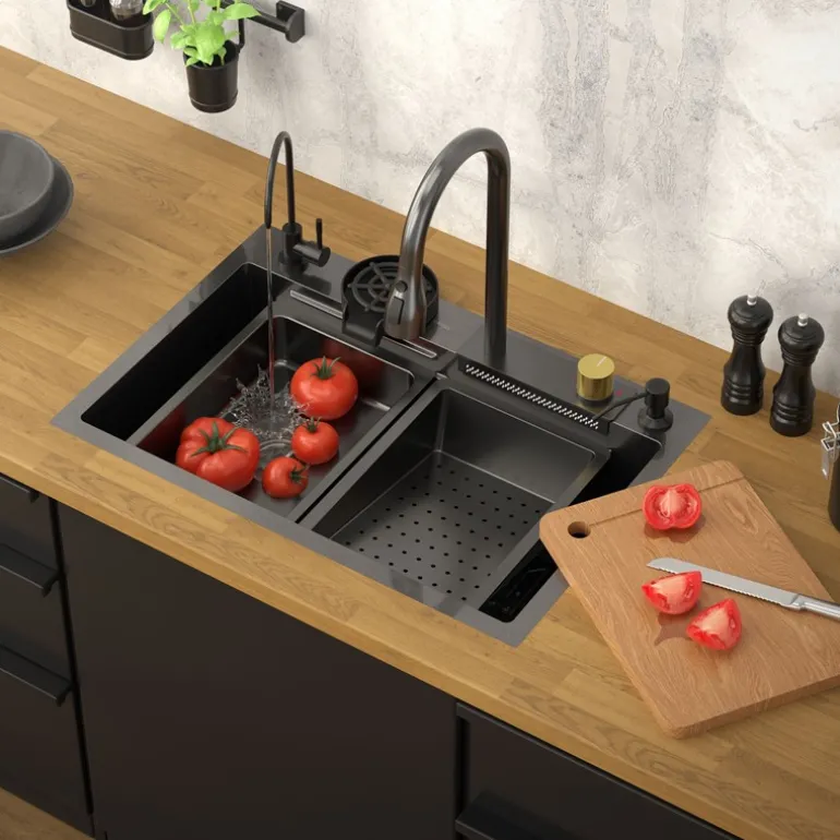 Einbauspüle mit Wasserhahn Komplett Set 8-teilig Anthrazit 68x46 cm aus Edelstahl ML-Design