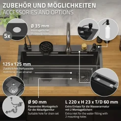Einbauspüle mit Wasserhahn Komplett Set 8-teilig Anthrazit 75x46 cm aus Edelstahl ML-Design