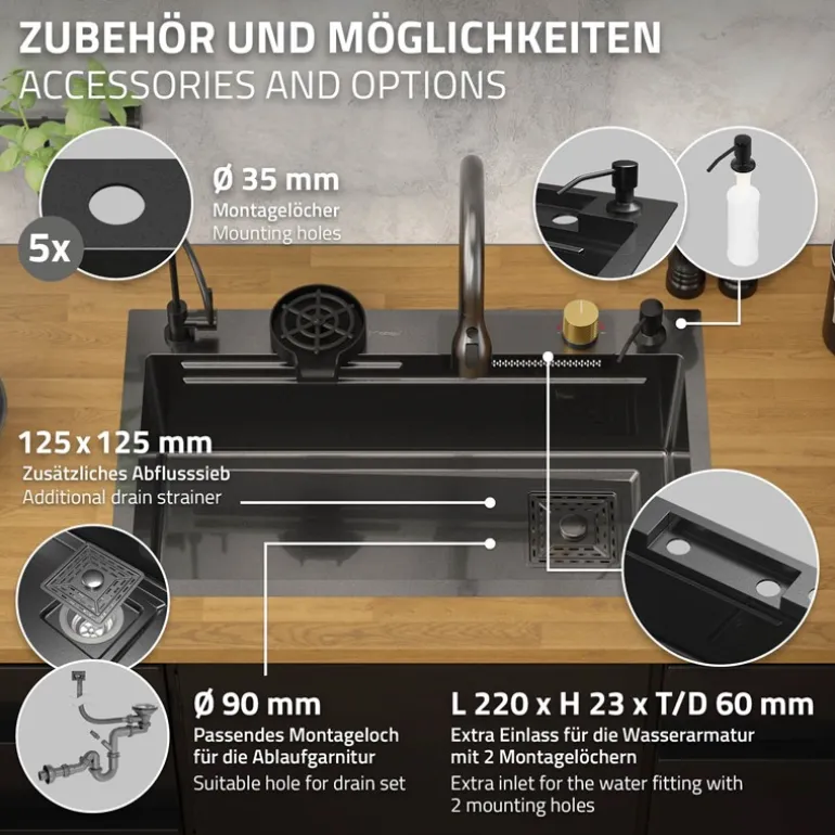 Einbauspüle mit Wasserhahn Komplett Set 8-teilig Anthrazit 75x46 cm aus Edelstahl ML-Design