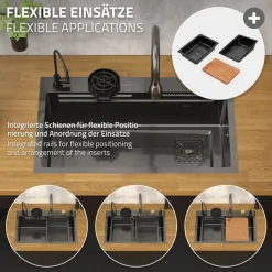 Einbauspüle mit Wasserhahn Komplett Set 8-teilig Anthrazit 75x46 cm aus Edelstahl ML-Design