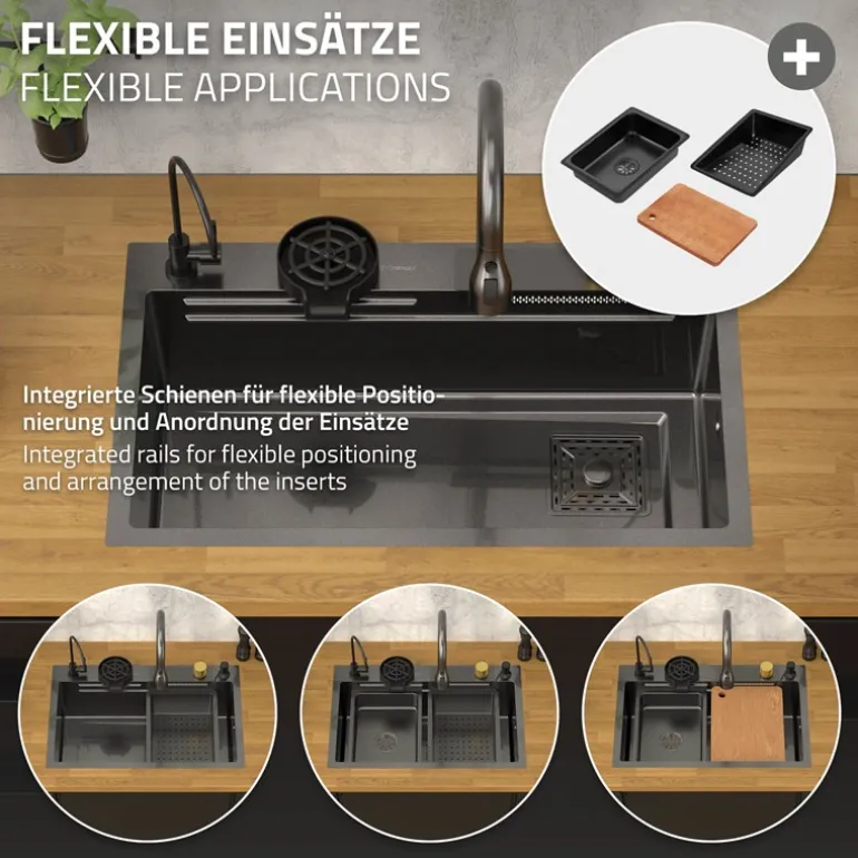 Einbauspüle mit Wasserhahn Komplett Set 8-teilig Anthrazit 75x46 cm aus Edelstahl ML-Design