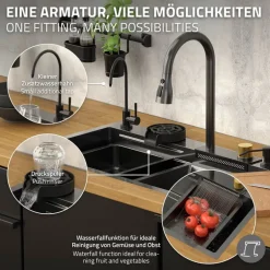 Einbauspüle mit Wasserhahn Komplett Set 8-teilig Anthrazit 75x46 cm aus Edelstahl ML-Design