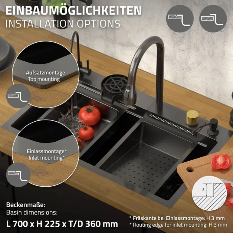 Einbauspüle mit Wasserhahn Komplett Set 8-teilig Anthrazit 75x46 cm aus Edelstahl ML-Design
