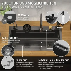 Einbauspüle mit Wasserhahn Komplett Set 8-teilig Anthrazit 80x46 cm aus Edelstahl ML-Design