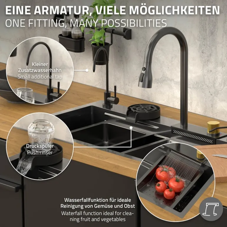 Einbauspüle mit Wasserhahn Komplett Set 8-teilig Anthrazit 80x46 cm aus Edelstahl ML-Design