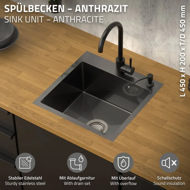 Einbauspüle 45x45 cm Anthrazit mit Ablaufgarnitur und Überlauf aus Edelstahl ML-Design