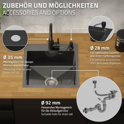 Einbauspüle 45x45 cm Anthrazit mit Ablaufgarnitur und Überlauf aus Edelstahl ML-Design
