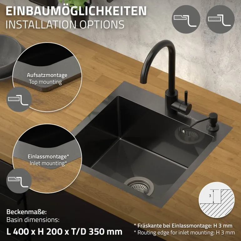 Einbauspüle 45x45 cm Anthrazit mit Ablaufgarnitur und Überlauf aus Edelstahl ML-Design