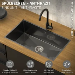 Einbauspüle 70x40 cm Anthrazit mit Ablaufgarnitur und Überlauf aus Edelstahl ML-Design