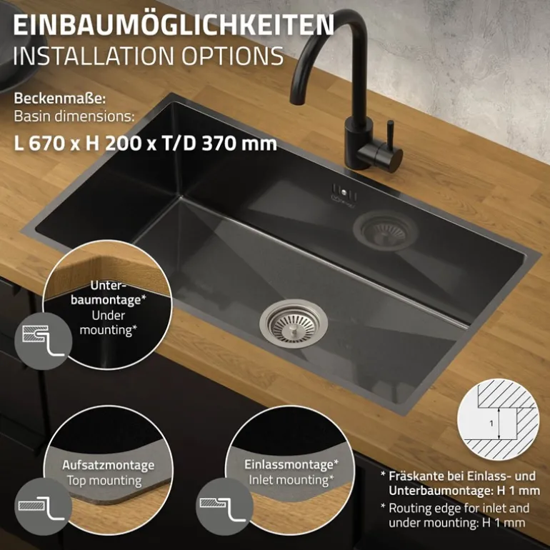 Einbauspüle 70x40 cm Anthrazit mit Ablaufgarnitur und Überlauf aus Edelstahl ML-Design