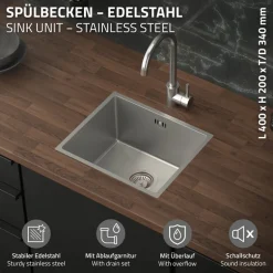 Einbauspüle 34x40 cm Silber mit Ablaufgarnitur und Überlauf aus Edelstahl ML-Design