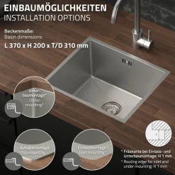 Einbauspüle 34x40 cm Silber mit Ablaufgarnitur und Überlauf aus Edelstahl ML-Design