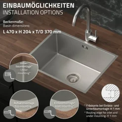 Einbauspüle 50x40 cm Silber mit Ablaufgarnitur und Überlauf aus Edelstahl ML-Design