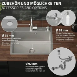 Einbauspüle 55x45 cm Silber mit Ablaufgarnitur und Seifenspender Küchenspüle aus Edelstahl ML-Design
