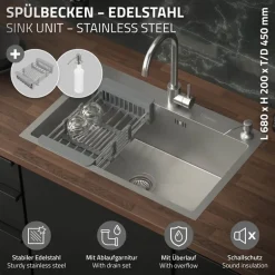 Einbauspüle 68x45 cm Silber mit Ablaufgarnitur und Seifenspender Küchenspüle aus Edelstahl ML-Design