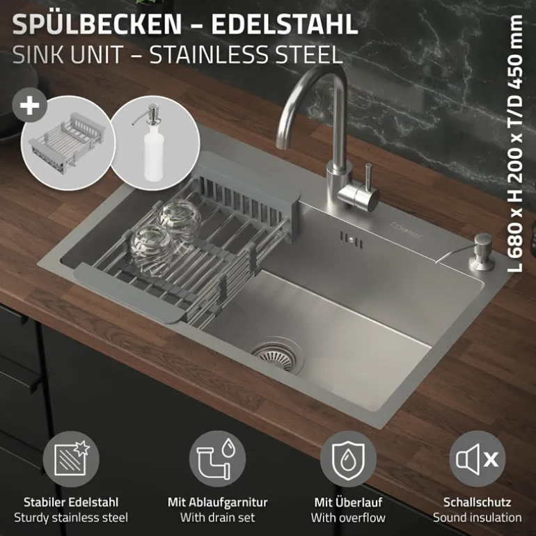 Einbauspüle 68x45 cm Silber mit Ablaufgarnitur und Seifenspender Küchenspüle aus Edelstahl ML-Design