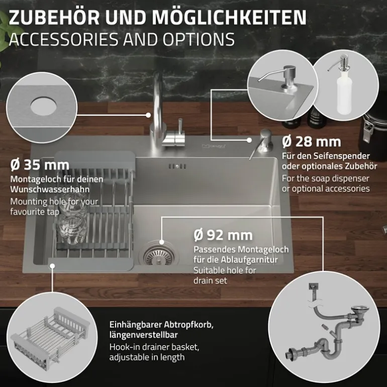 Einbauspüle 68x45 cm Silber mit Ablaufgarnitur und Seifenspender Küchenspüle aus Edelstahl ML-Design