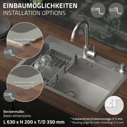 Einbauspüle 68x45 cm Silber mit Ablaufgarnitur und Seifenspender Küchenspüle aus Edelstahl ML-Design