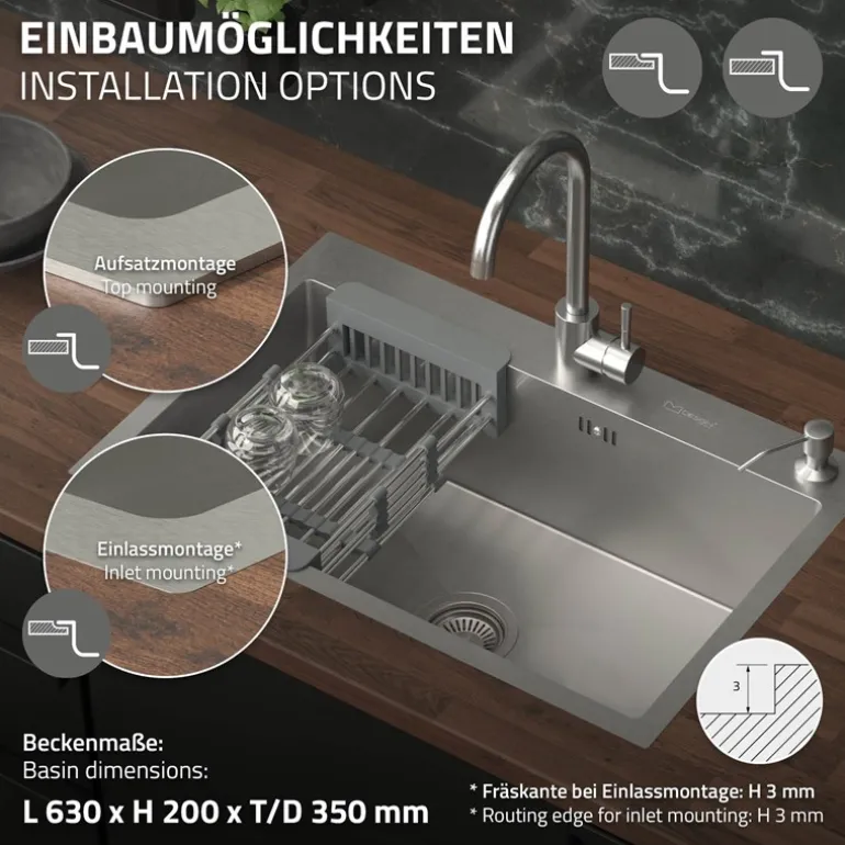 Einbauspüle 68x45 cm Silber mit Ablaufgarnitur und Seifenspender Küchenspüle aus Edelstahl ML-Design