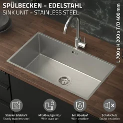 Einbauspüle 70x40 cm Silber mit Ablaufgarnitur und Überlauf aus Edelstahl ML-Design