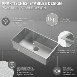 Einbauspüle 70x40 cm Silber mit Ablaufgarnitur und Überlauf aus Edelstahl ML-Design