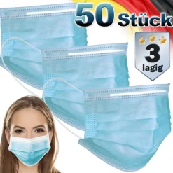 Einwegmasken 50 Stück 3-lagig Vliesmaterial blau
