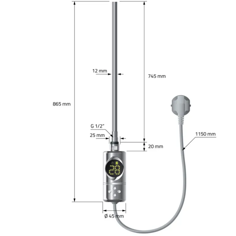 Elektrischer Badheizkörper mit Heizstab 1200W 600x1200 mm Chrome gerade mit Seitenanschluss LuxeBath