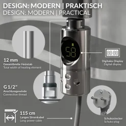 Elektrischer Badheizkörper mit Heizstab 600W 400x800 mm Chrome gebogen mit Seitenanschluss & Thermostat Digitalanzeige LuxeBath