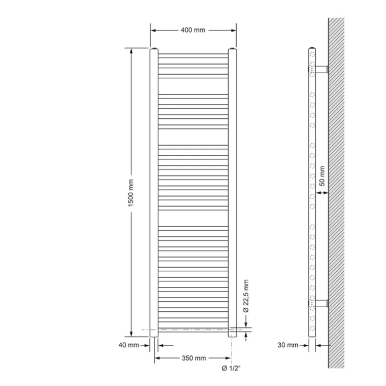 Elektrischer Badheizkörper mit Heizstab 1200W 400x1500 mm Weiß gerade mit Seitenanschluss & Thermostat Digitalanzeige LuxeBath