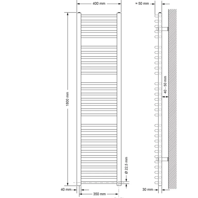 Elektrischer Badheizkörper mit Heizstab 1200W 400x1800 mm Chromegebogen Seitenanschluss & Thermostat Digitalanzeige LuxeBath