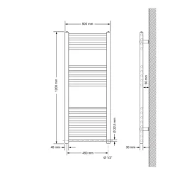 Elektrischer Badheizkörper mit Heizstab 1200W 500x1200 mm Anthrazit gerade mit Seitenanschluss & Thermostat Digitalanzeige LuxeBath