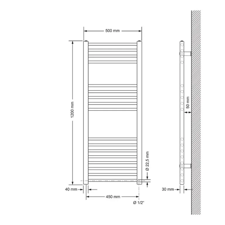 Elektrischer Badheizkörper mit Heizstab 1200W 500x1200 mm Anthrazit gerade mit Seitenanschluss & Thermostat Digitalanzeige LuxeBath