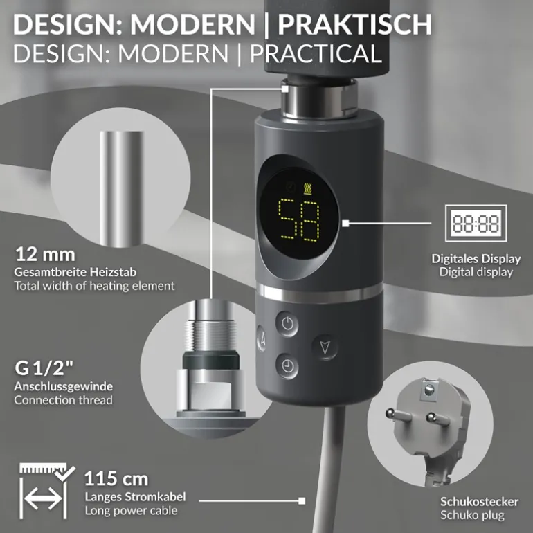 Elektrischer Badheizkörper mit Heizstab 1200W 500x1200 mm Anthrazit gerade mit Seitenanschluss & Thermostat Digitalanzeige LuxeBath