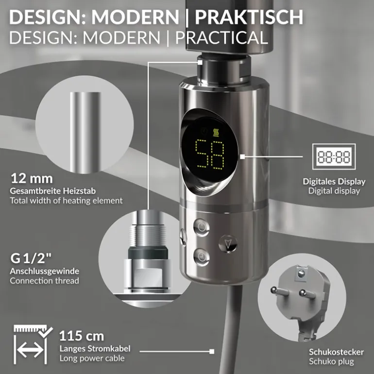Elektrischer Badheizkörper mit Heizstab 1200W 500x1200 mm Chrome gebogen Seitenanschluss & Thermostat LuxeBath
