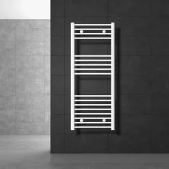 Elektrischer Badheizkörper mit Heizstab 1200W 500x1200 mm Weiß gebogen mit Seitenanschluss & Thermostat Digitalanzeige LuxeBath